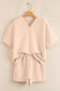 Pink Textured V Neck T Shirt and Shorts Set