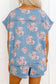 Sky Blue Floral Denim Short Sleeve Top Loose Shorts 2pcs Set