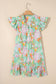 Pink Abstract Floral Ruffle Trim Flutter Sleeve Buttoned Dress