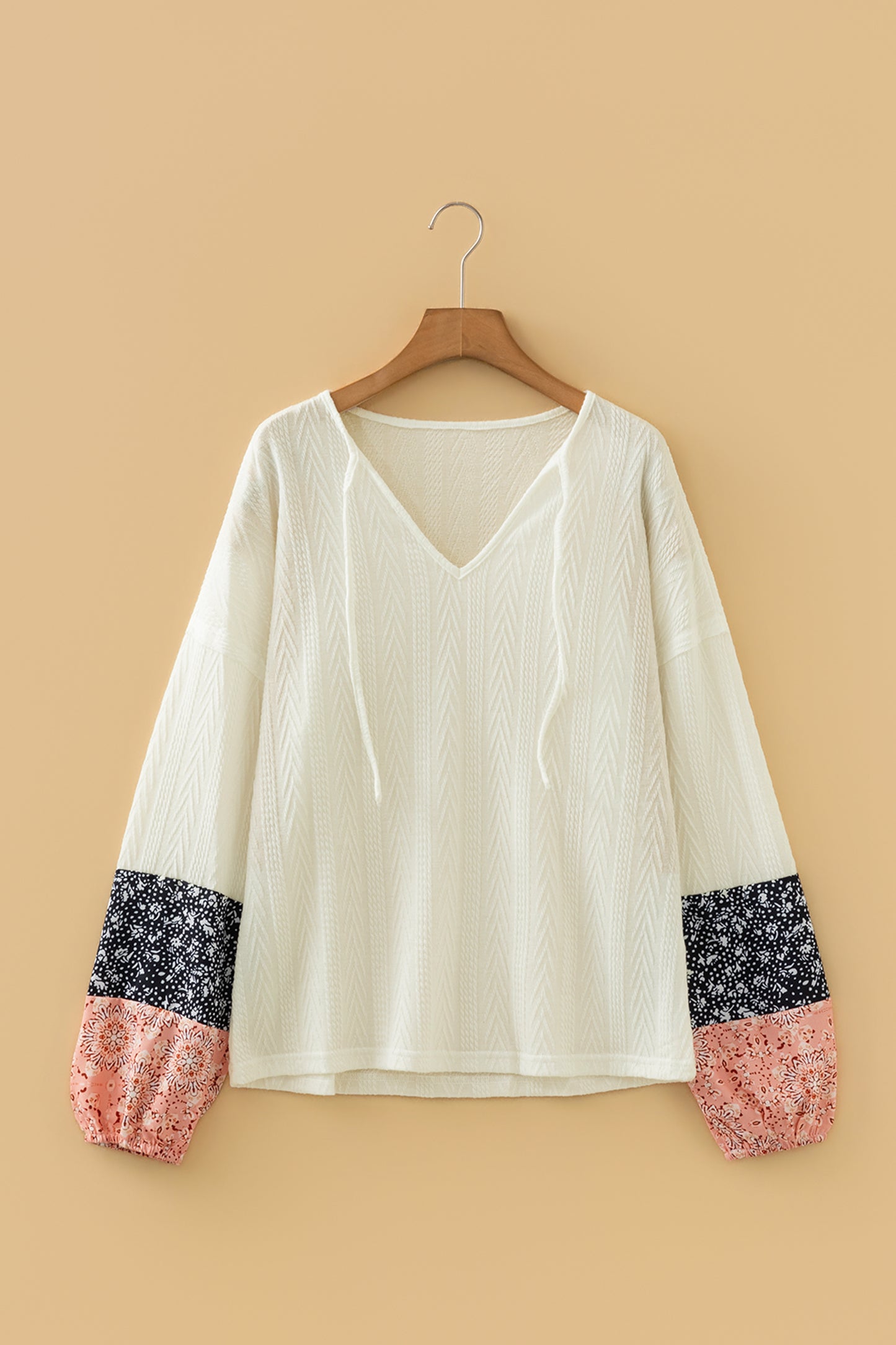 Beige Floral Patchwork Textured Knit Drawstring V Neck Blouse