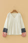 Beige Floral Patchwork Textured Knit Drawstring V Neck Blouse