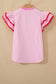 Pink Eyelet Embroidered Flower Texture Contrast Lace Trim Flutter Sleeve Blouse