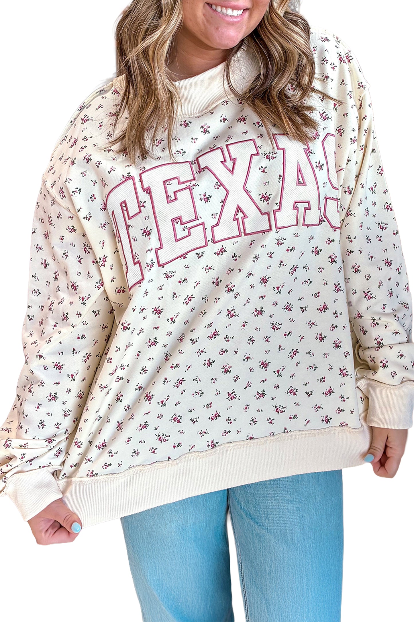 Apricot Floral Print Texas Long Sleeve Ribbed Neck Tunic Plus Size Sweatshirt