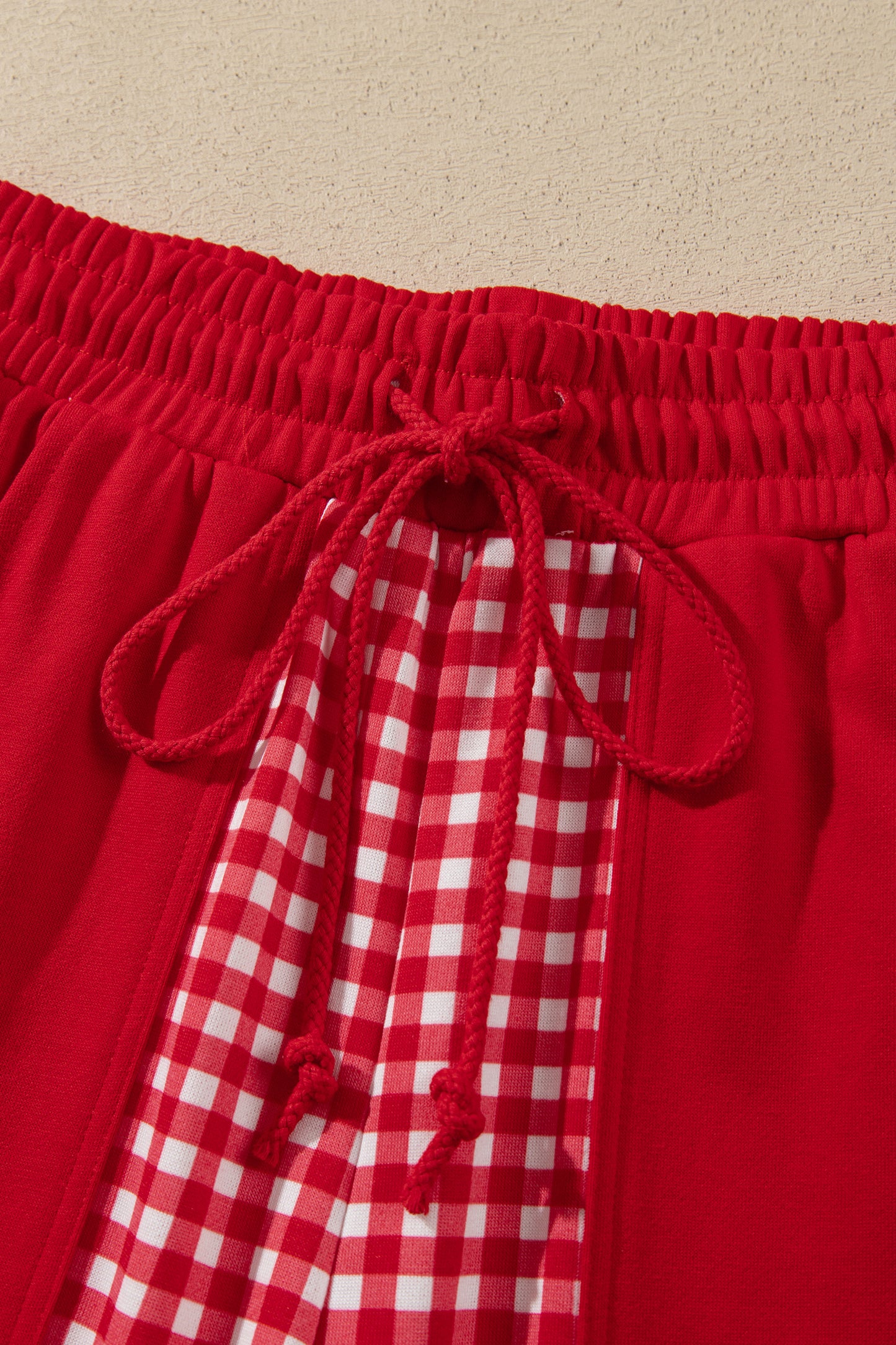 Red Color Block Plaid Patchwork Long Sleeve Pullover Wide Leg Pant Set