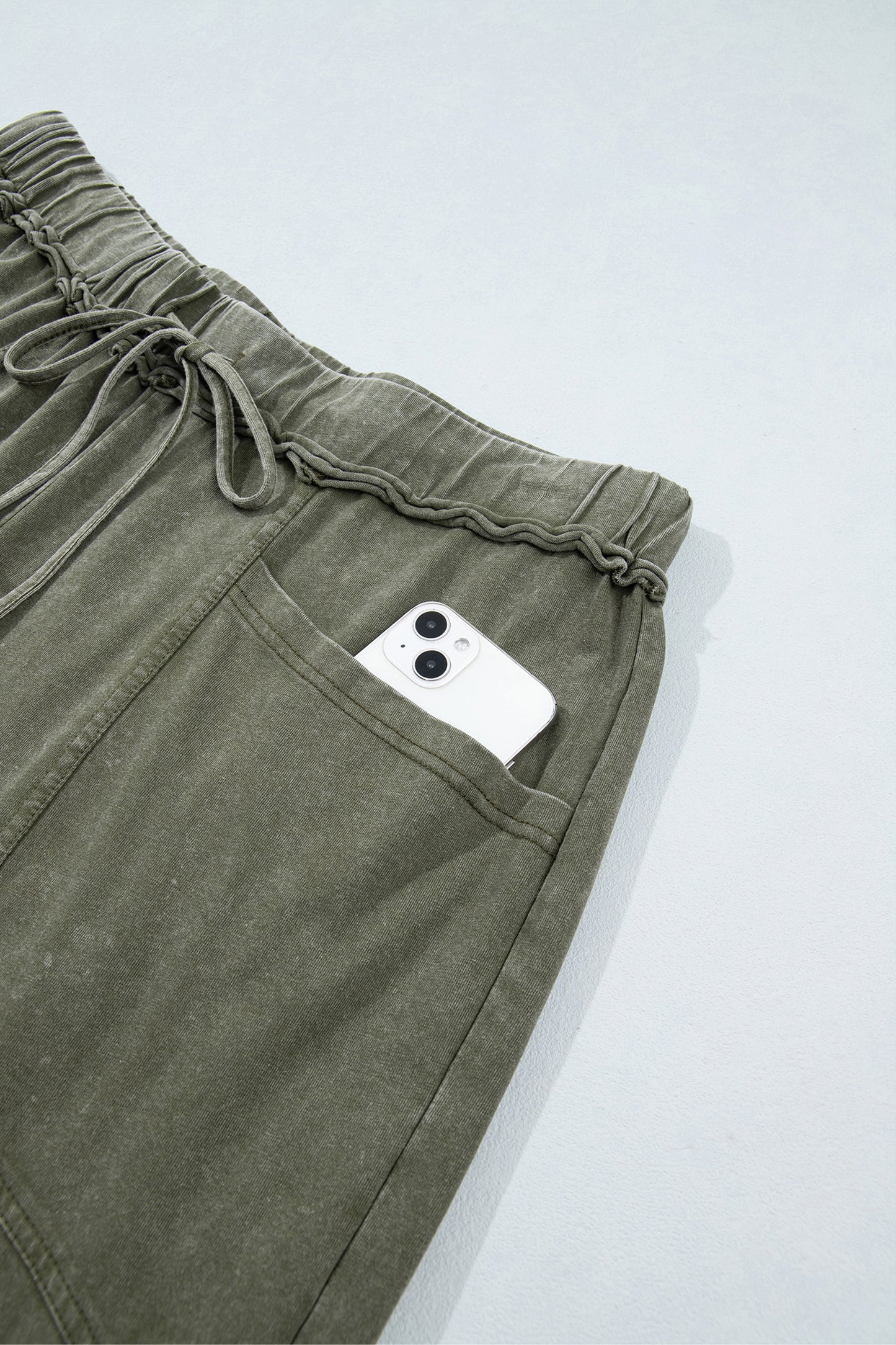 Jungle Green Mineral Wash Seam Detail Flare Leg Drawstring Pants