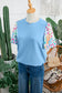 Light Blue Round Neck Textured Contrast Floral Bubble Sleeve Blouse