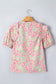 Pink Tie V Neck Floral Short Puff Sleeve Blouse