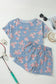 Sky Blue Floral Denim Short Sleeve Top Loose Shorts 2pcs Set