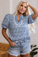 Blue Floral Striped Print Contrast Ric-rac Puff Sleeve Top