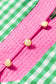 Green Gingham Plaid Bubble Sleeve Colorblock Trim V Neck Blouse