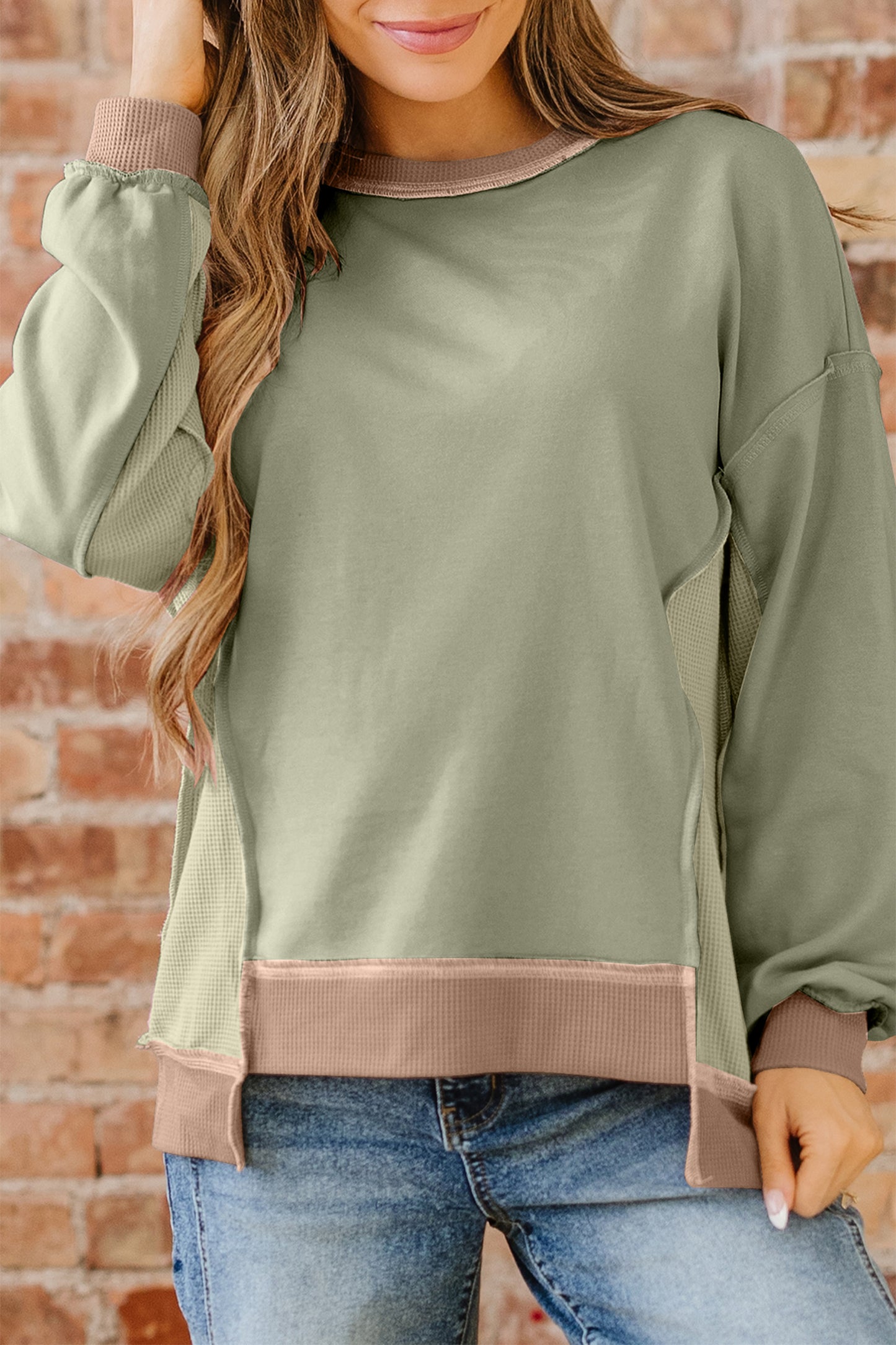 Light Pink Color Block Mix Texture Waffle Patchwork Oversize Sweatshirt