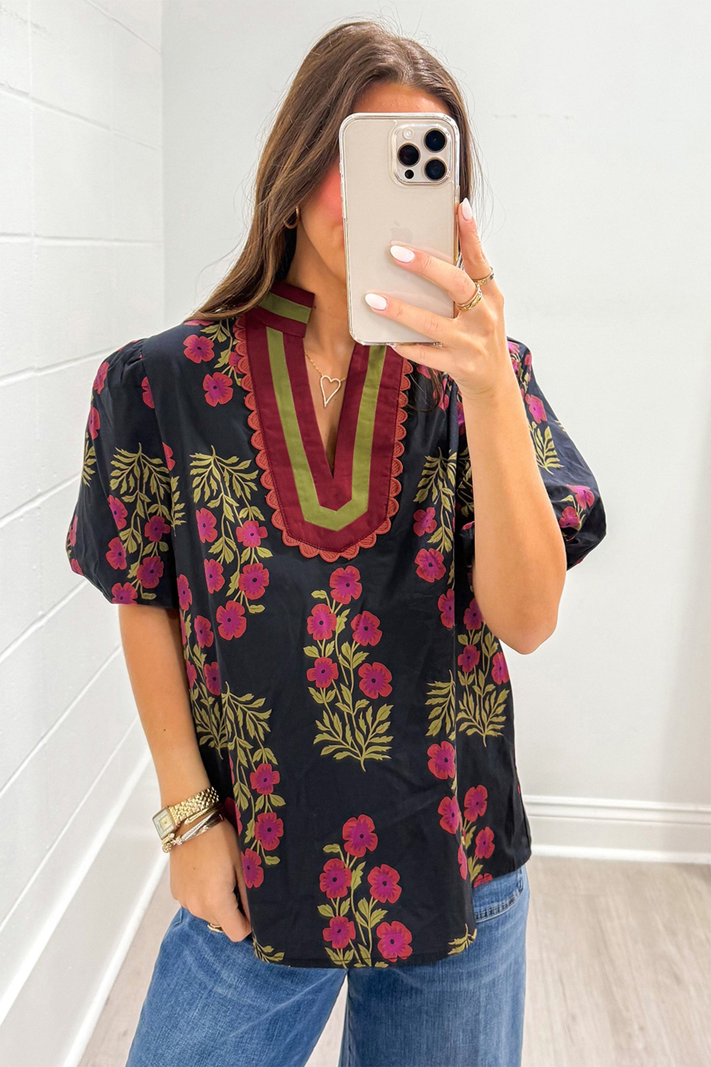 White Floral Short Bubble Sleeve Contrast Slit Neckline Blouse