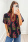 White Floral Short Bubble Sleeve Contrast Slit Neckline Blouse