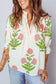Green Casual Wild Flower Print V Neck 3/4 Sleeve Blouse