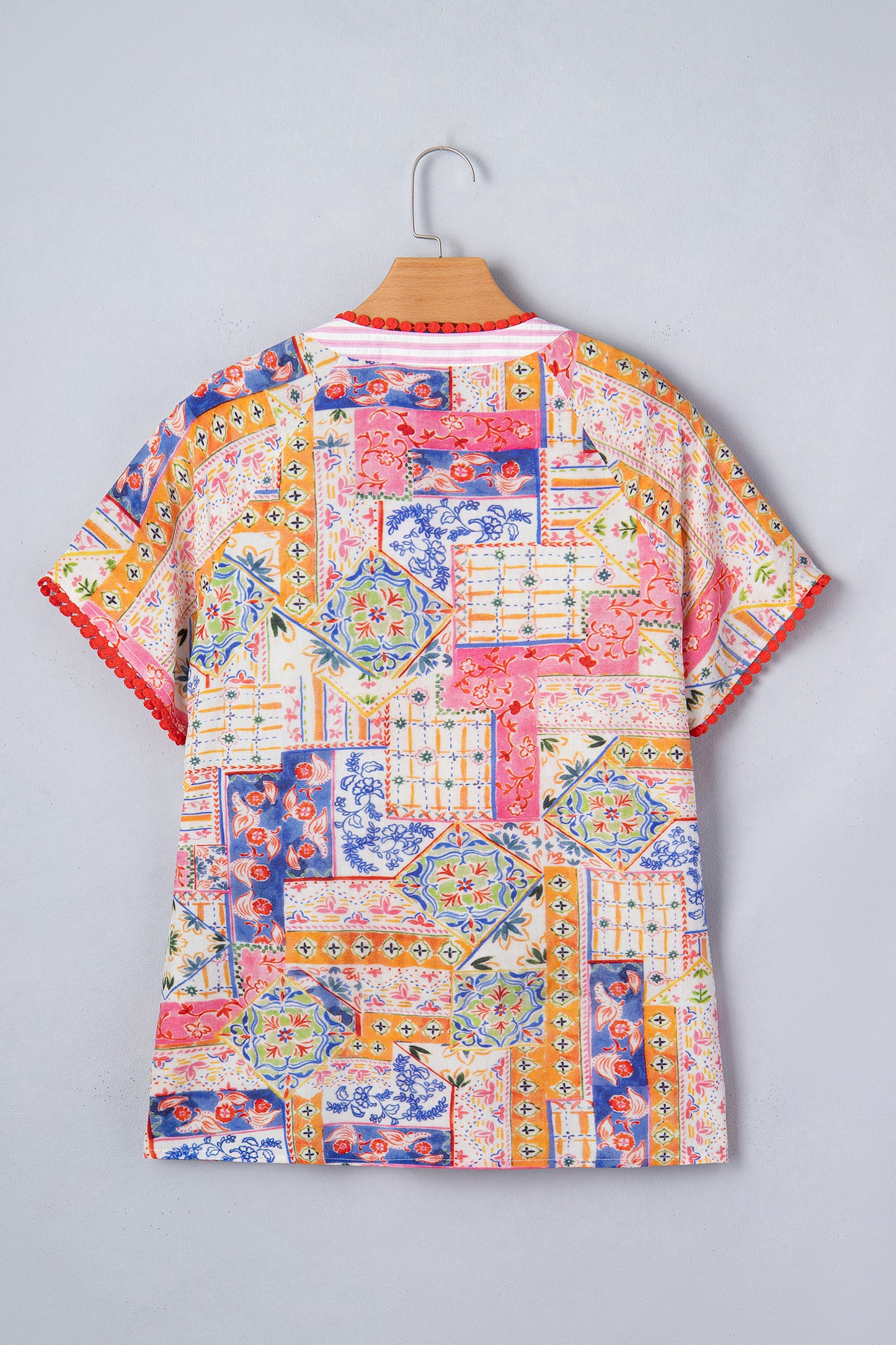 Red Mixed Print V Neck Short Sleeve Blouse