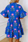 Blue V Neck Short Sleeve Loose Flower Dress