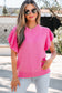 Sachet Pink Solid Color Ribbed Trim Round Neck Ruffle Short Sleeve Sweater