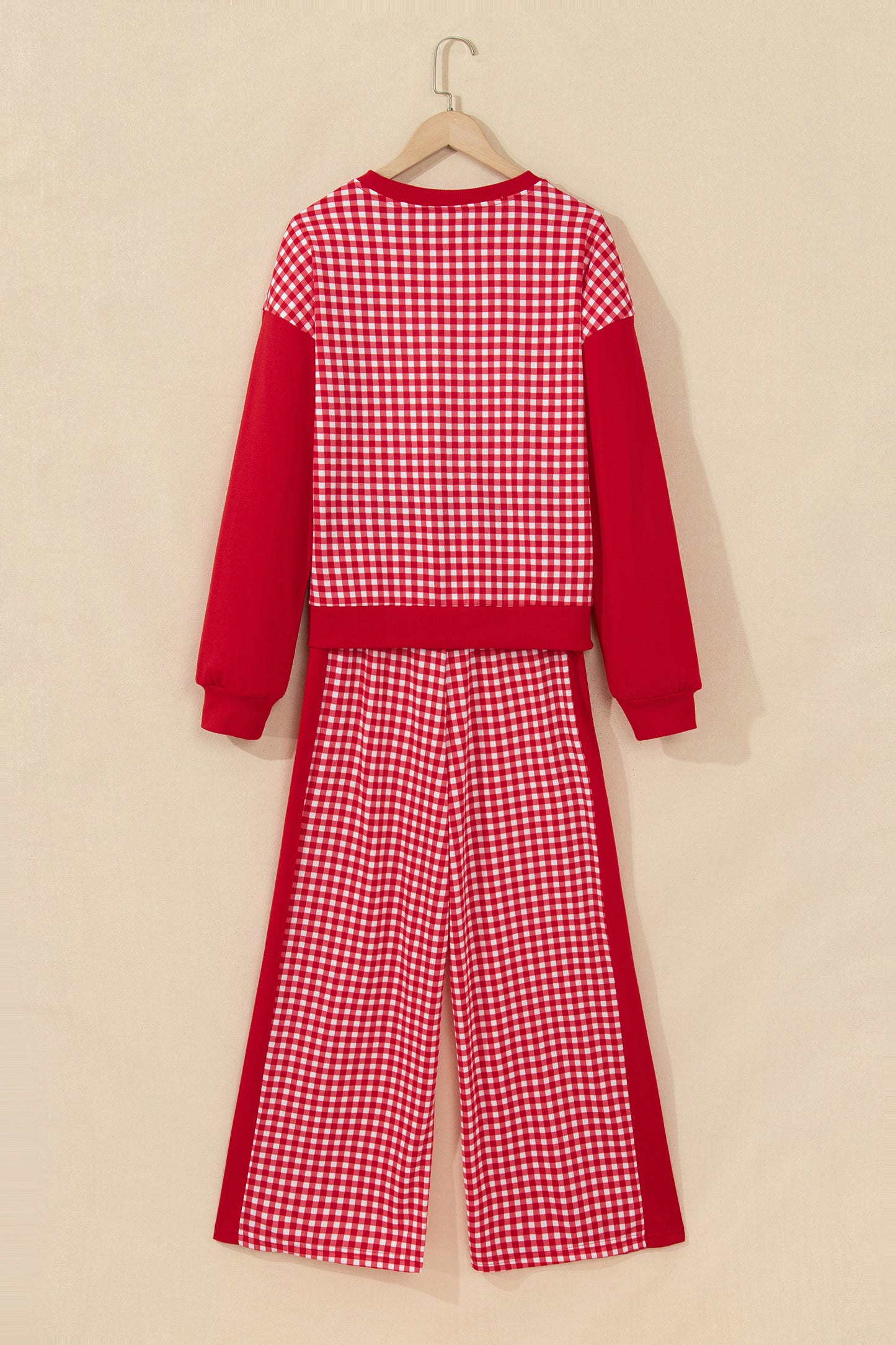 Red Color Block Plaid Patchwork Long Sleeve Pullover Wide Leg Pant Set