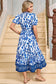 Sky Blue Floral Puff Short Sleeve V Neck High Waist Maxi Dress