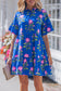 Blue V Neck Short Sleeve Loose Flower Dress