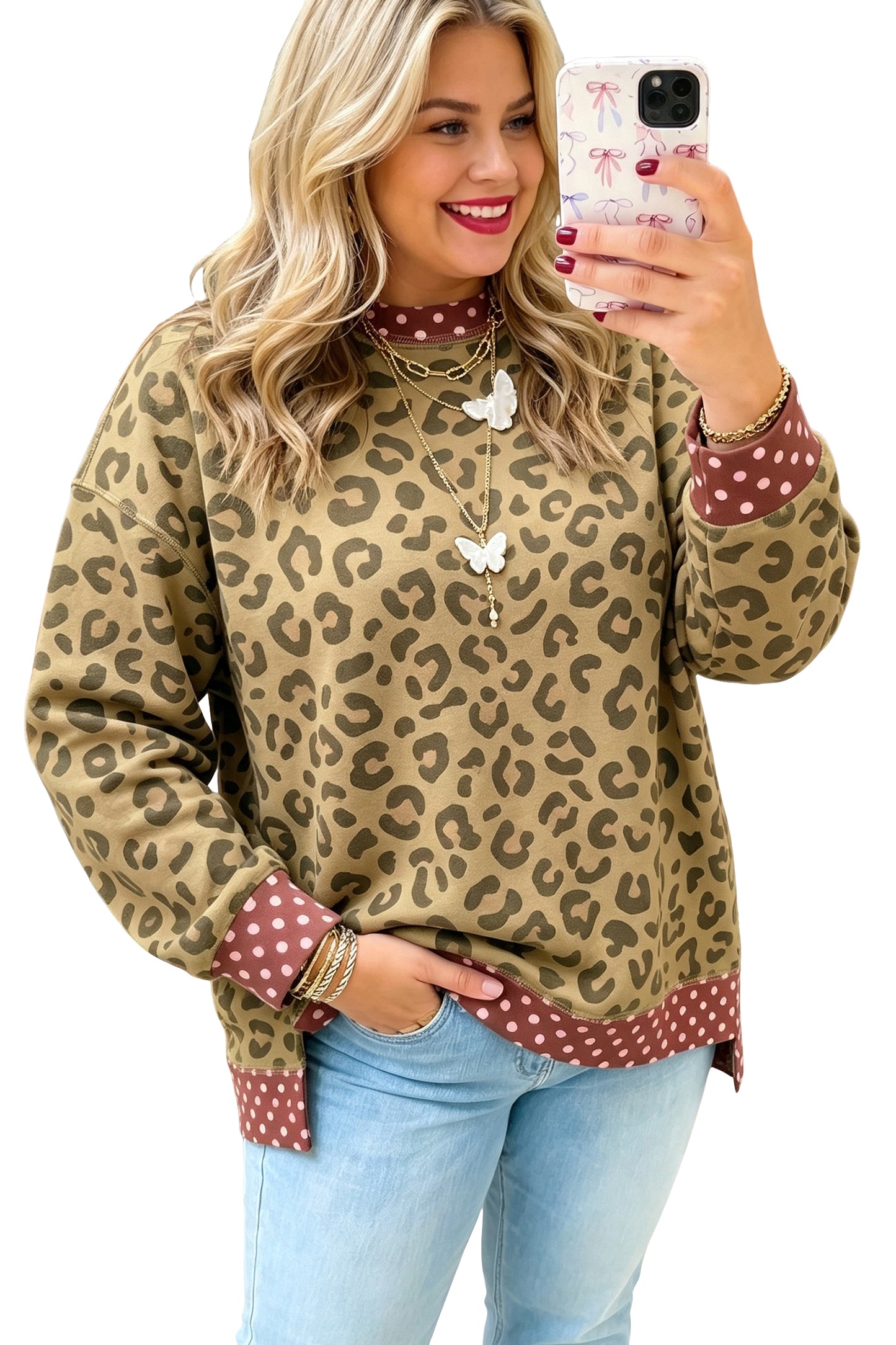 Brown Plus Size Leopard Print Contrast Polka Dot Trim Long Sleeve Top