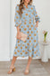 Brown Floral Printed Frilled V Neck Bracelet Sleeve Long Dress