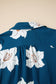 Blue Floral Print Shirt Collar V Neck 3/4 Sleeve Shift Midi Dress