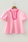 Pink Boho Embroidered Detail Puff Sleeve Cotton Blouse